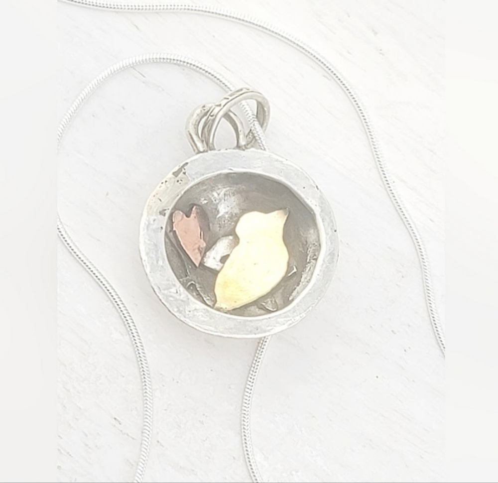 BIRD HEART HOLLOW PENDANT HANDMADE IN STERLING SILVER,COPPER & BRASS METAL - Picture 1 of 6